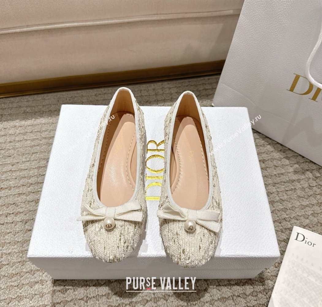 Dior Ballet Flats in Quilted Cannage Tweed with Pearl Bow Beige 2025 (MD-250822012)
