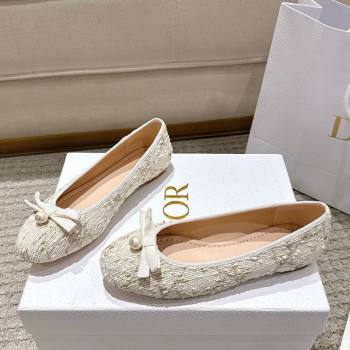 Dior Ballet Flats in Quilted Cannage Tweed with Pearl Bow Beige 2025 (MD-250822012)