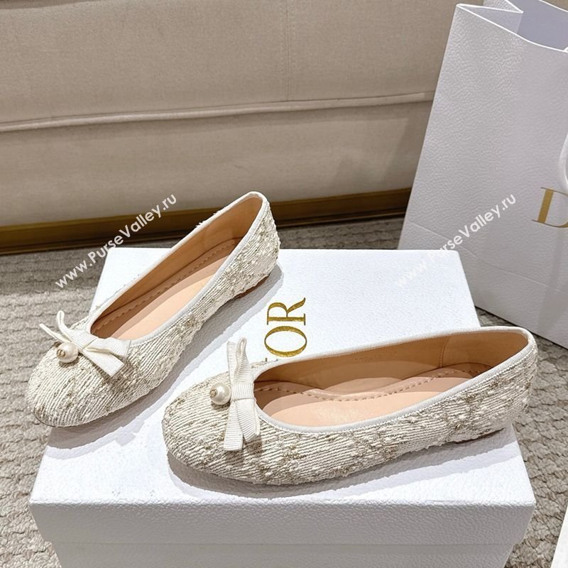 Dior Ballet Flats in Quilted Cannage Tweed with Pearl Bow Beige 2025 (MD-250822012)