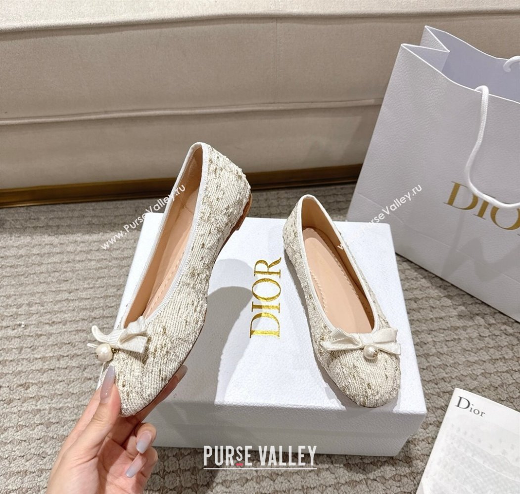 Dior Ballet Flats in Quilted Cannage Tweed with Pearl Bow Beige 2025 (MD-250822012)