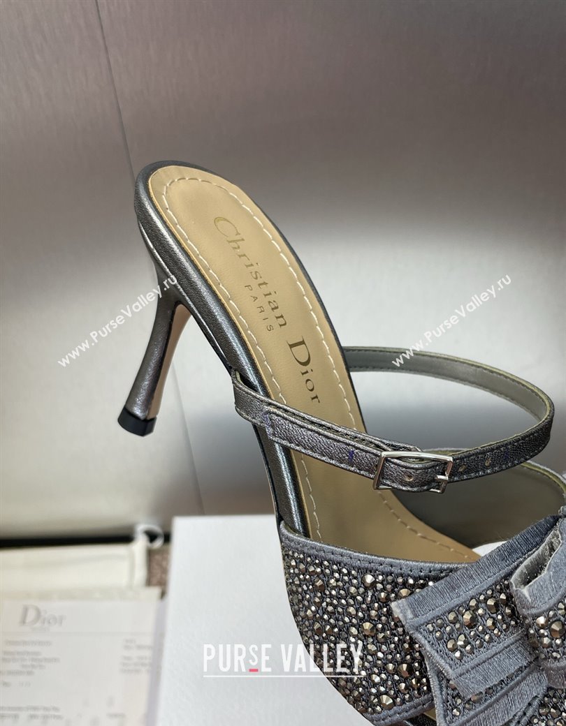 Dior Adiorable Heeled Strap Slides Sandal 7cm in Embroidered Cotton and Lambskin with Strass, Pearls and Bow Grey 2025 (JC-25082