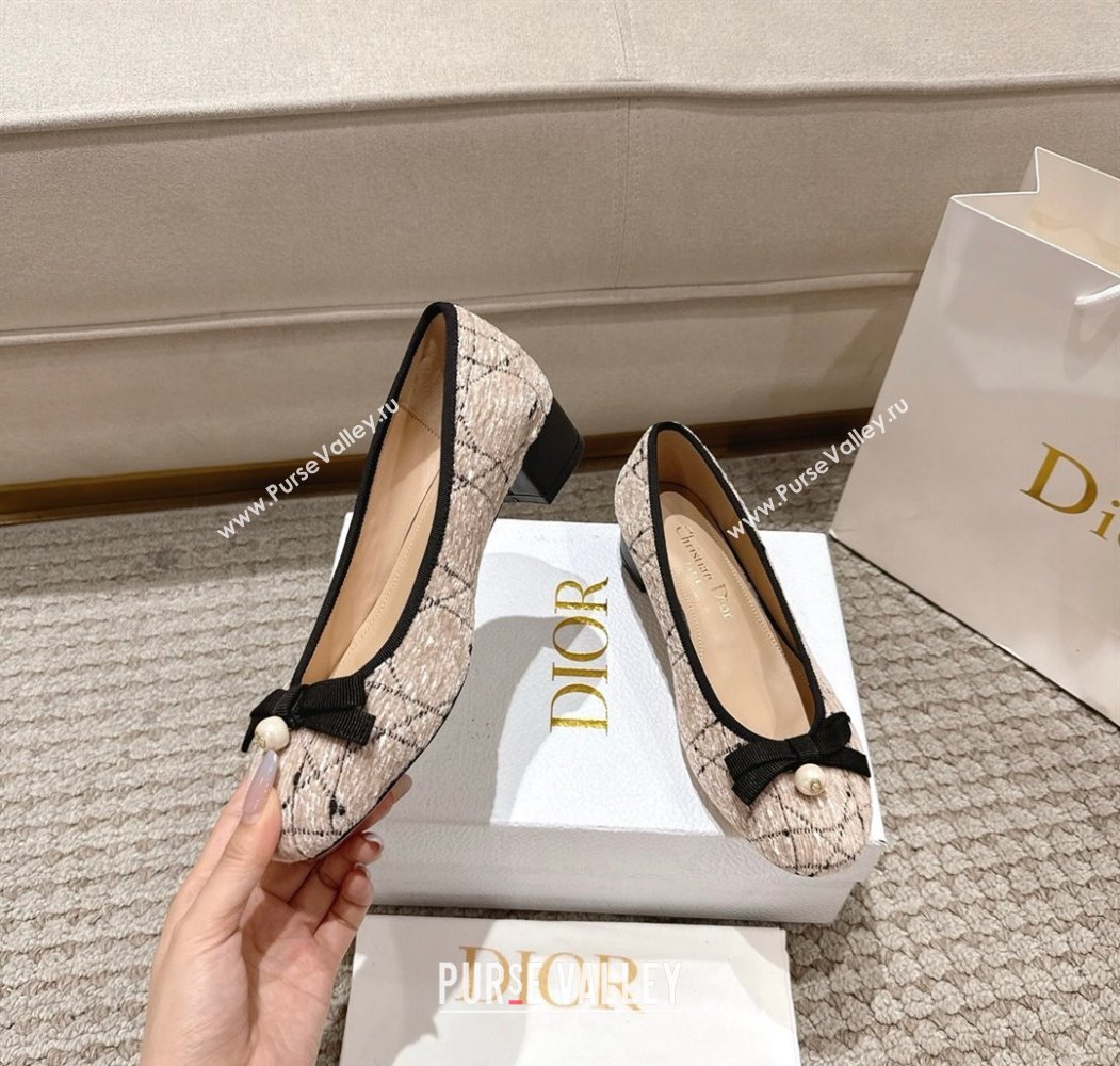 Dior Ballet Pumps 3cm in Cannage Tweed with Pearl Bow Beige/Black 2025 (MD-250822013)