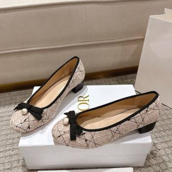 Dior Ballet Pumps 3cm in Cannage Tweed with Pearl Bow Beige/Black 2025 (MD-250822013)