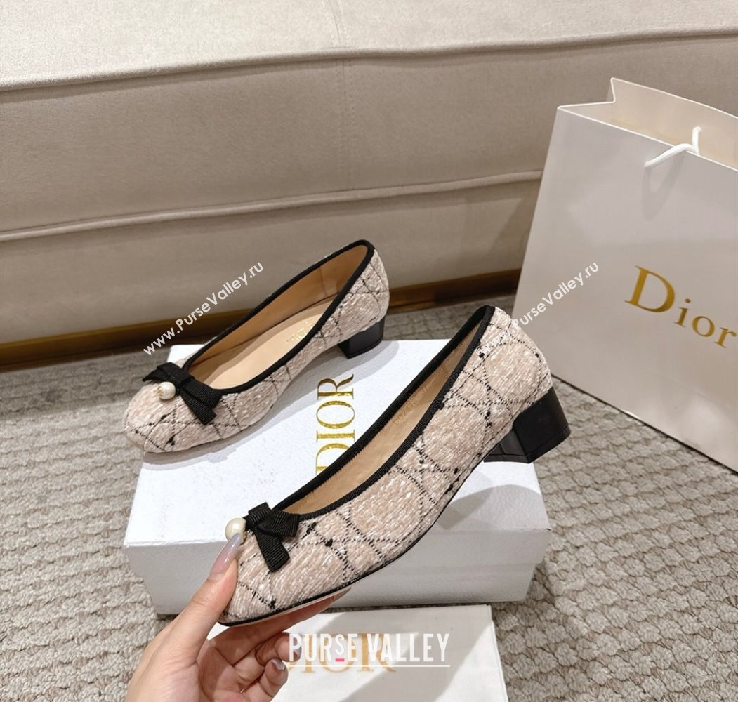 Dior Ballet Pumps 3cm in Cannage Tweed with Pearl Bow Beige/Black 2025 (MD-250822013)