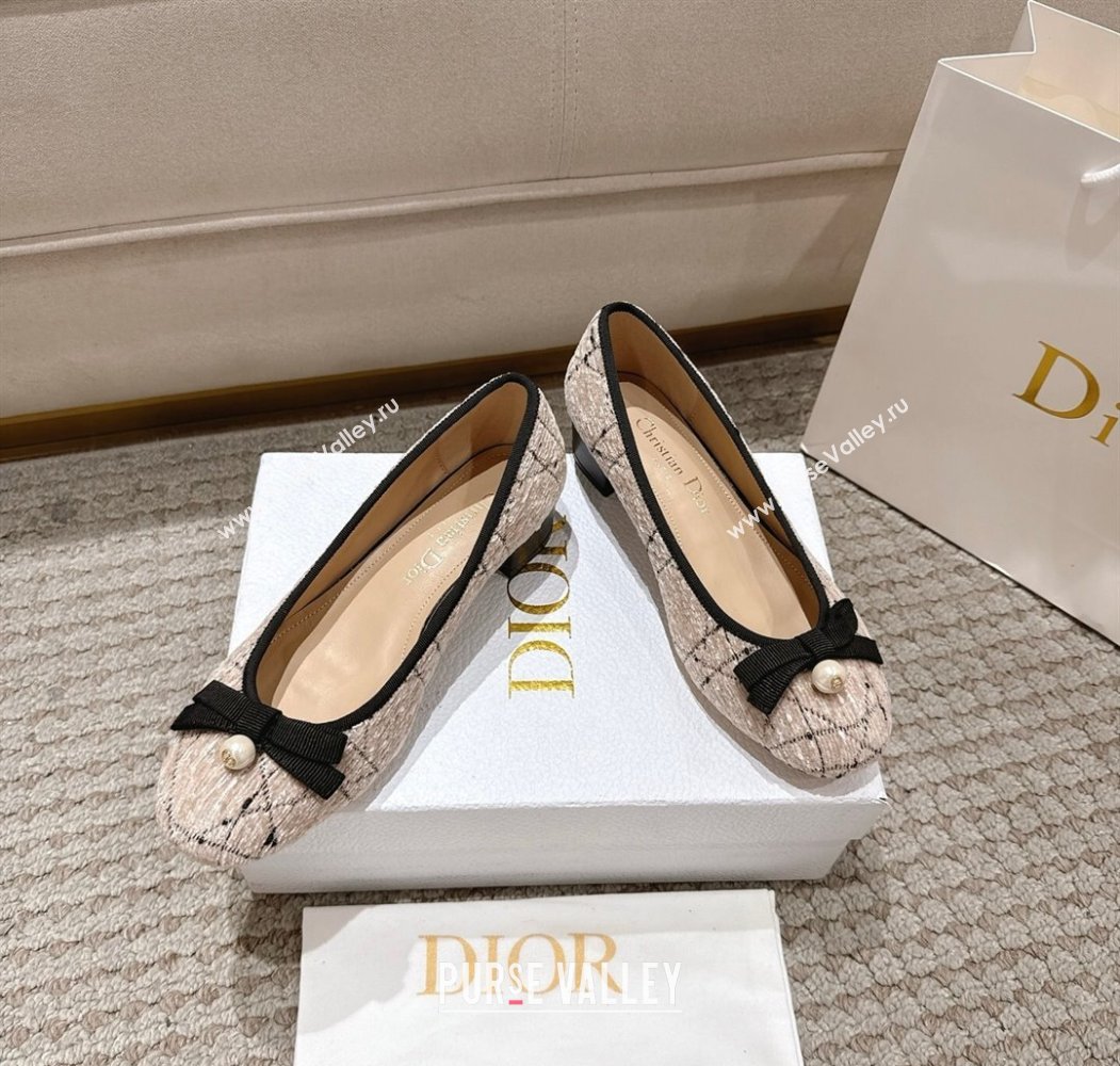 Dior Ballet Pumps 3cm in Cannage Tweed with Pearl Bow Beige/Black 2025 (MD-250822013)