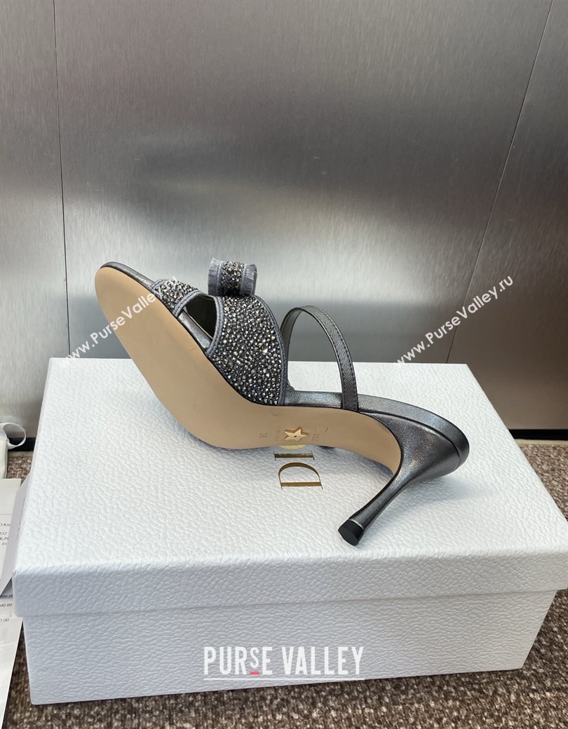 Dior Adiorable Heeled Strap Slides Sandal 7cm in Embroidered Cotton and Lambskin with Strass, Pearls and Bow Grey 2025 (JC-25082