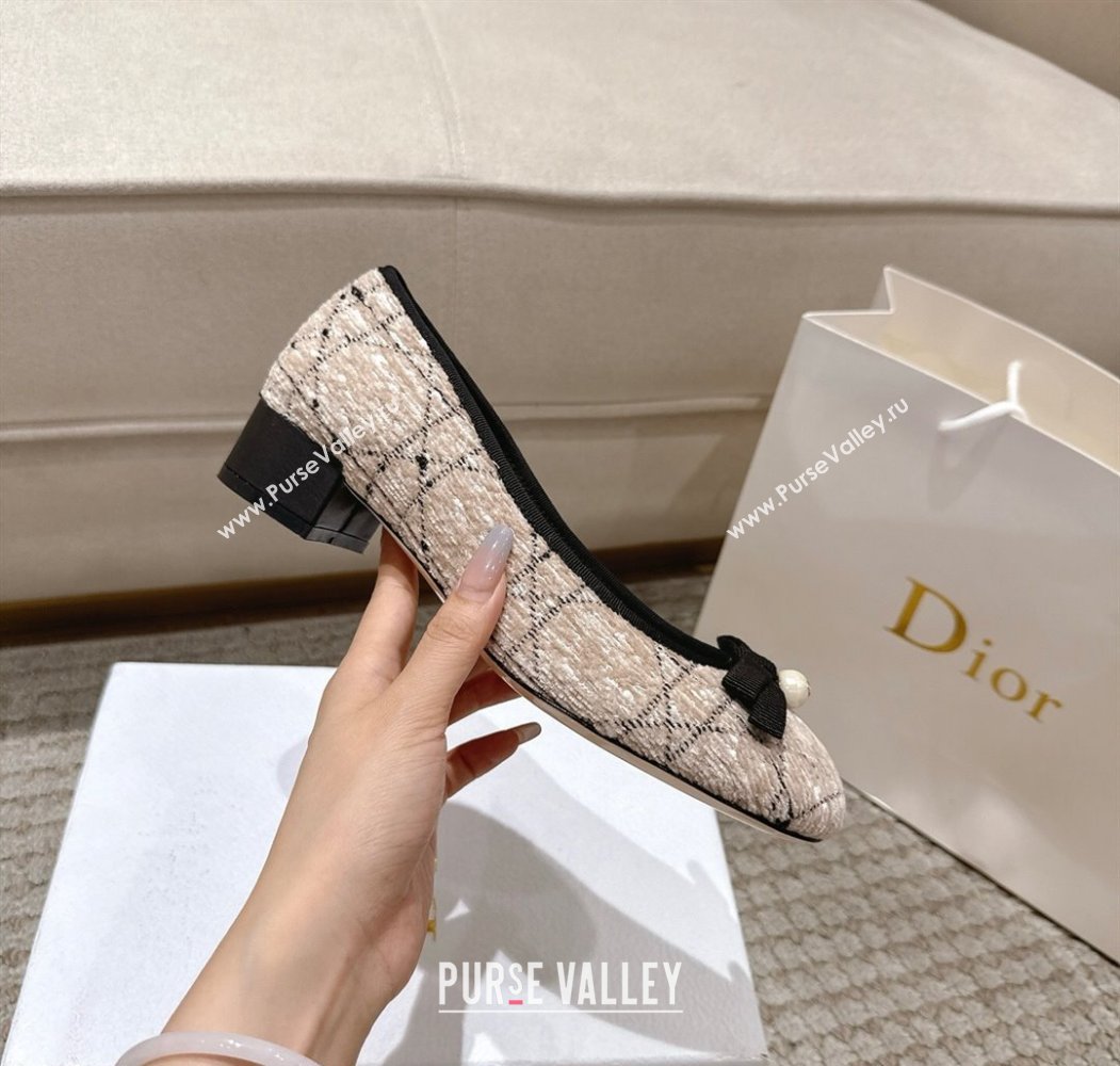 Dior Ballet Pumps 3cm in Cannage Tweed with Pearl Bow Beige/Black 2025 (MD-250822013)