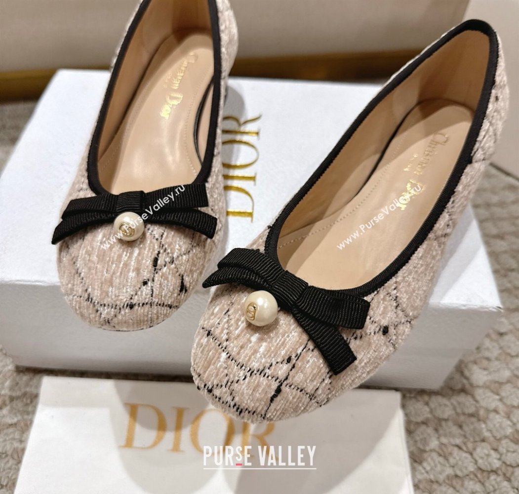 Dior Ballet Pumps 3cm in Cannage Tweed with Pearl Bow Beige/Black 2025 (MD-250822013)