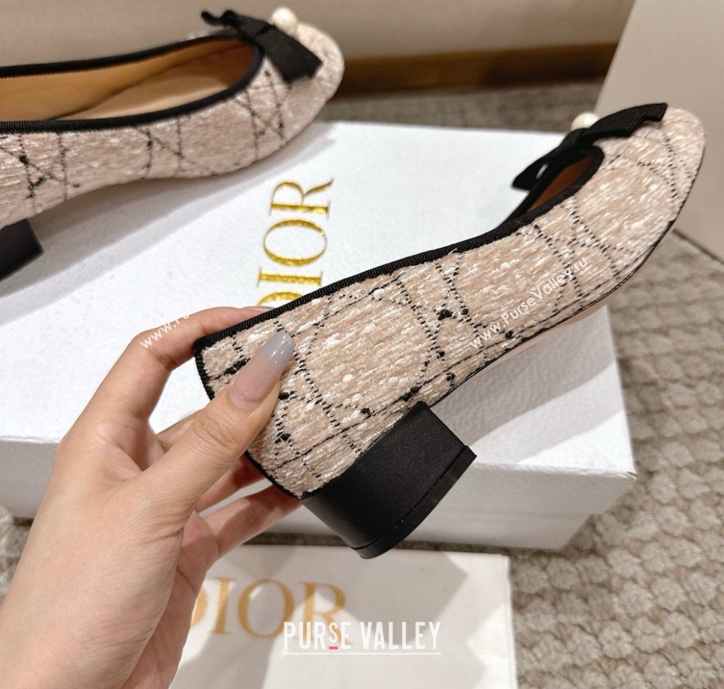 Dior Ballet Pumps 3cm in Cannage Tweed with Pearl Bow Beige/Black 2025 (MD-250822013)