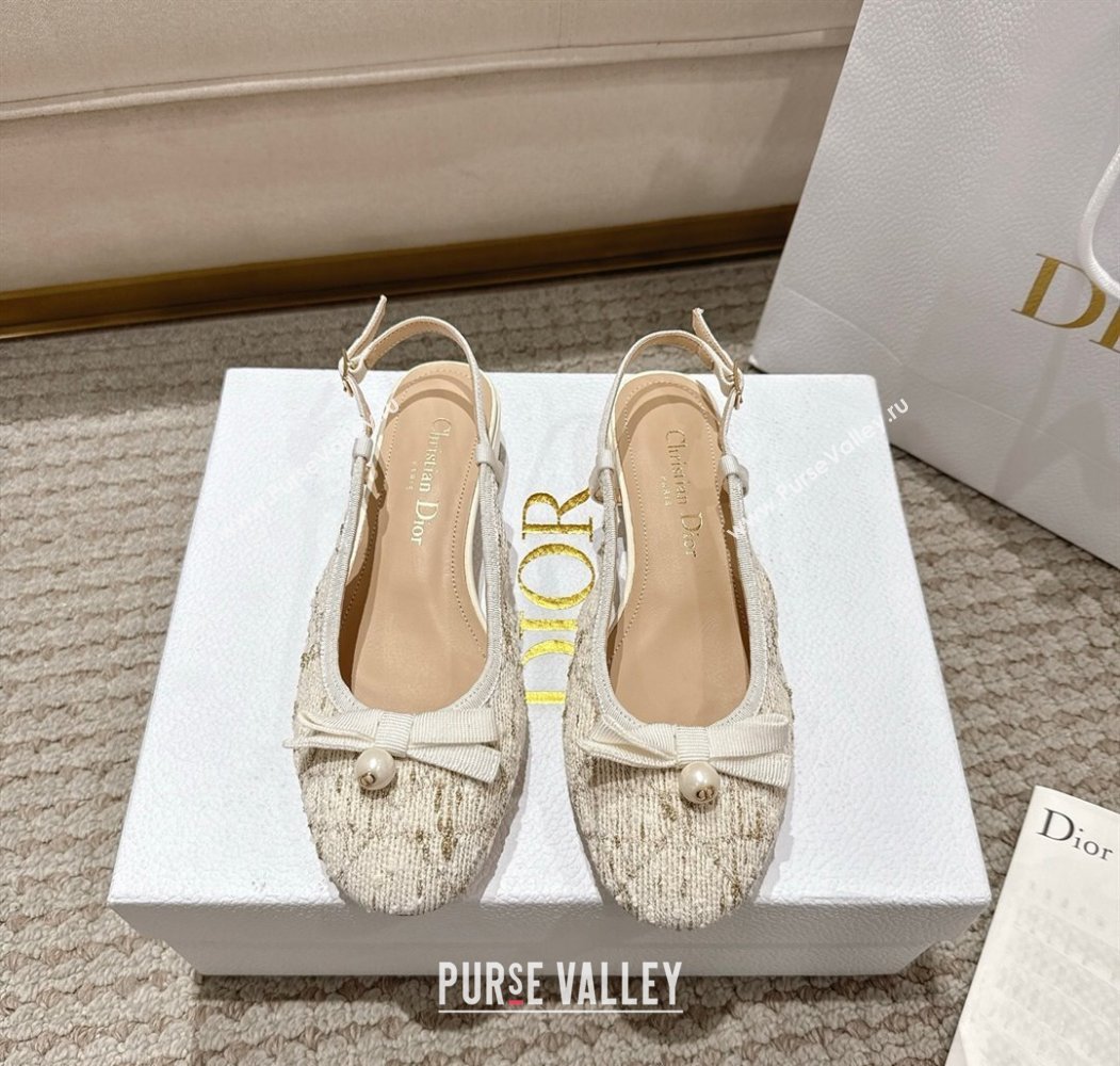 Dior Ballet Slingback Pumps 3cm in Quilted Cannage Tweed with Pearl Bow Beige 2025 (MD-250822014)