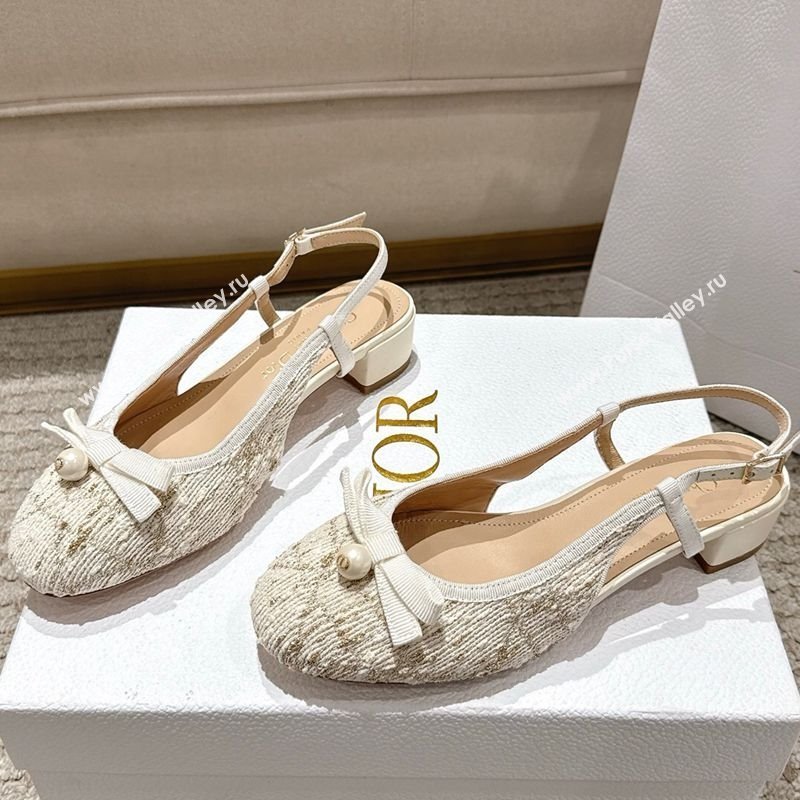 Dior Ballet Slingback Pumps 3cm in Quilted Cannage Tweed with Pearl Bow Beige 2025 (MD-250822014)