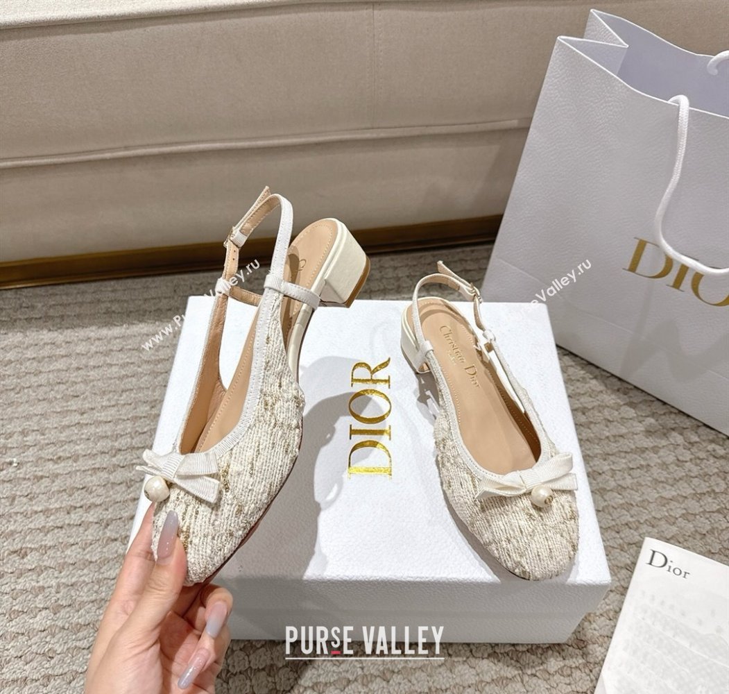Dior Ballet Slingback Pumps 3cm in Quilted Cannage Tweed with Pearl Bow Beige 2025 (MD-250822014)