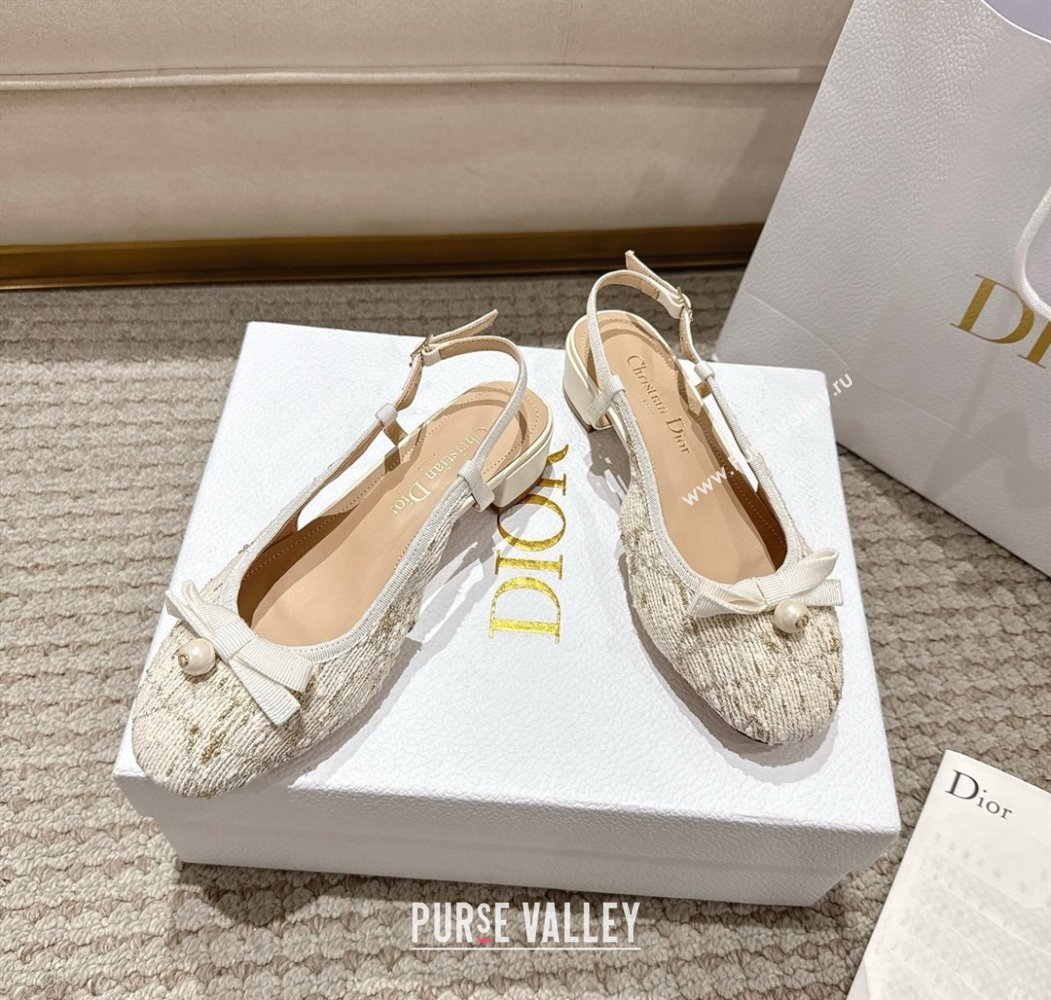 Dior Ballet Slingback Pumps 3cm in Quilted Cannage Tweed with Pearl Bow Beige 2025 (MD-250822014)