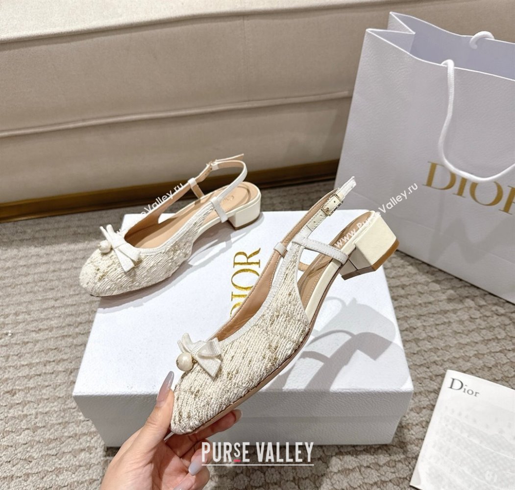 Dior Ballet Slingback Pumps 3cm in Quilted Cannage Tweed with Pearl Bow Beige 2025 (MD-250822014)
