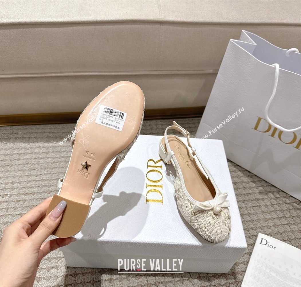 Dior Ballet Slingback Pumps 3cm in Quilted Cannage Tweed with Pearl Bow Beige 2025 (MD-250822014)