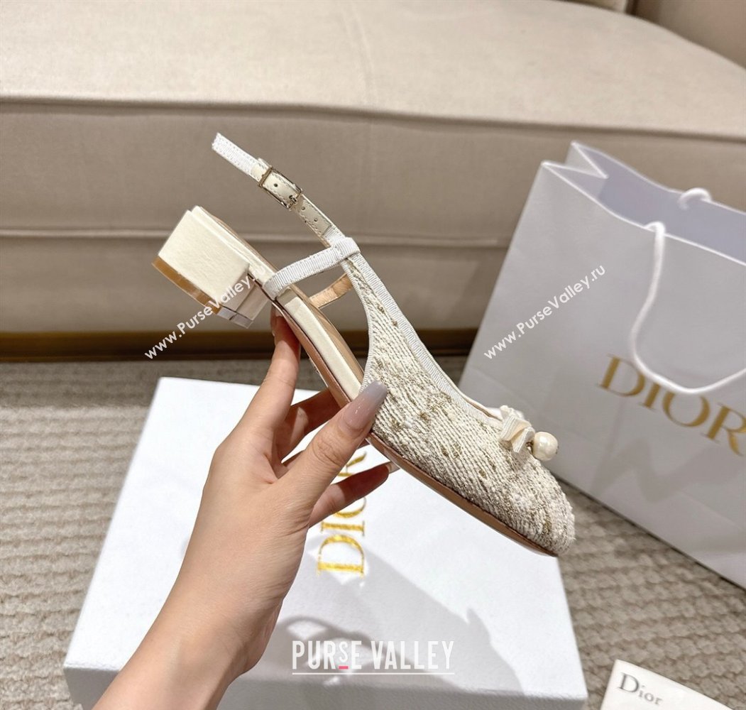 Dior Ballet Slingback Pumps 3cm in Quilted Cannage Tweed with Pearl Bow Beige 2025 (MD-250822014)
