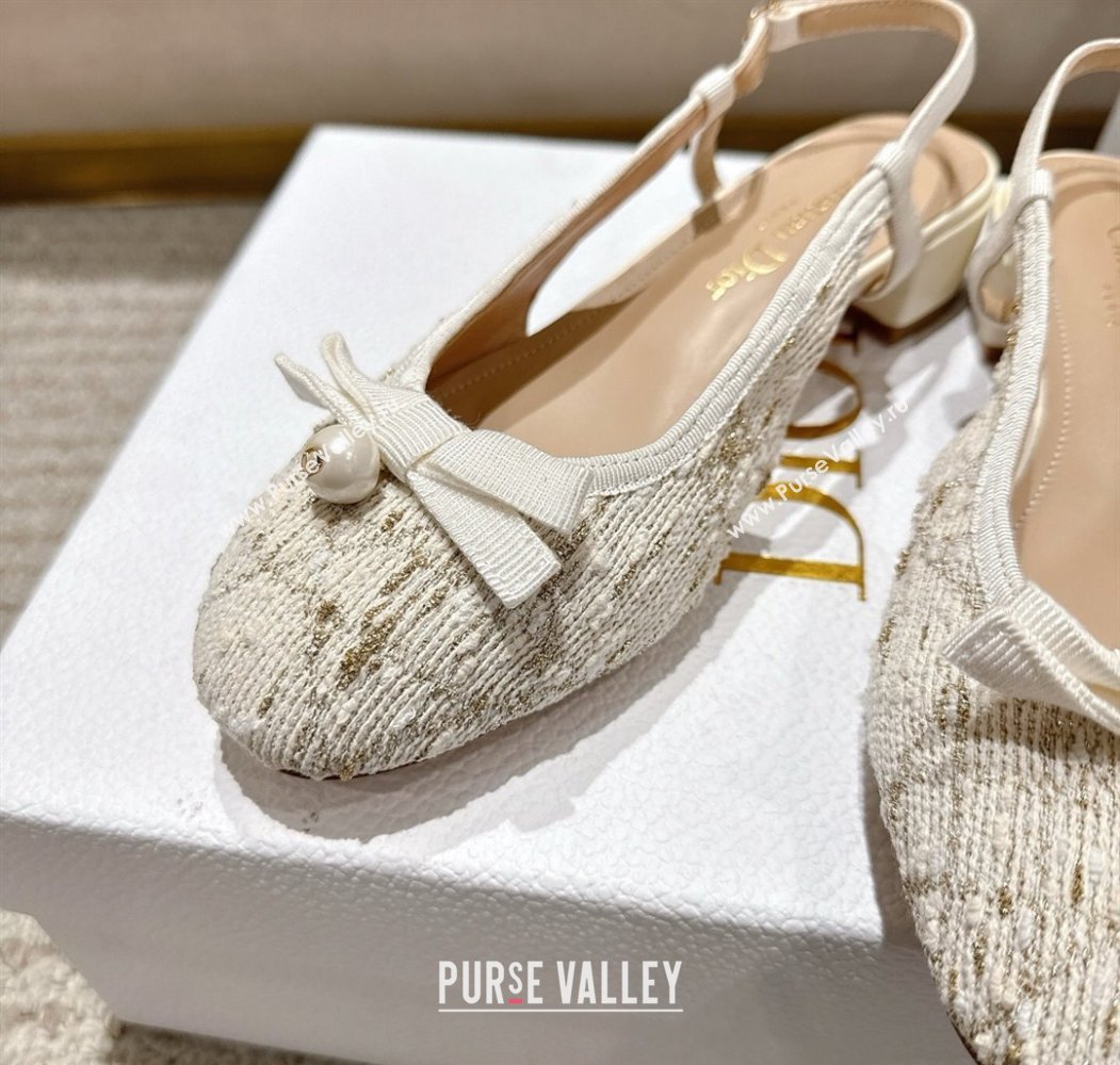 Dior Ballet Slingback Pumps 3cm in Quilted Cannage Tweed with Pearl Bow Beige 2025 (MD-250822014)