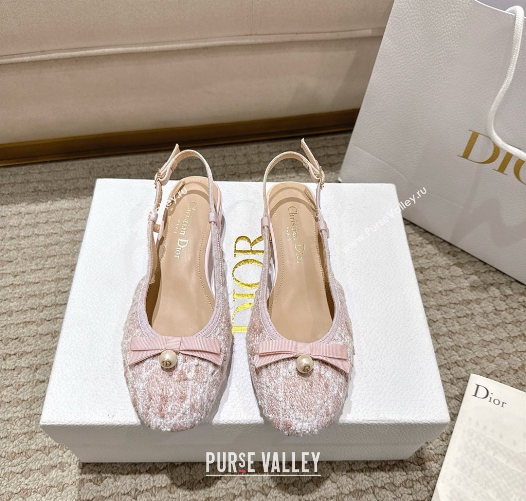 Dior Ballet Slingback Pumps 3cm in Quilted Cannage Tweed with Pearl Bow Pink 2025 (MD-250822015)