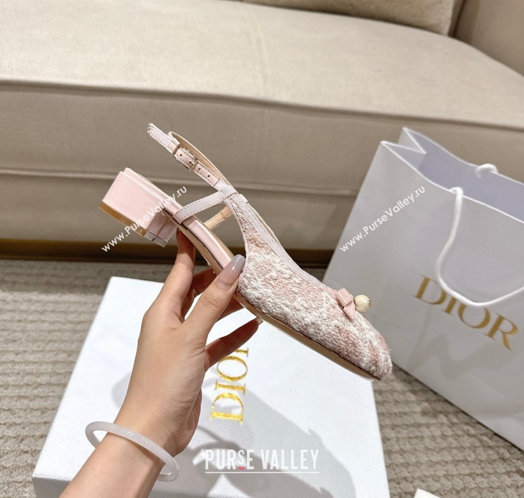 Dior Ballet Slingback Pumps 3cm in Quilted Cannage Tweed with Pearl Bow Pink 2025 (MD-250822015)