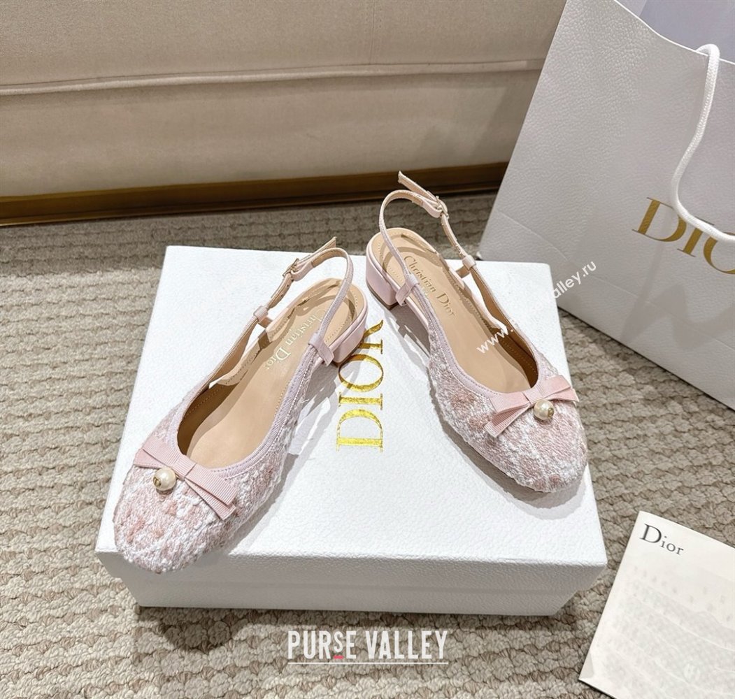 Dior Ballet Slingback Pumps 3cm in Quilted Cannage Tweed with Pearl Bow Pink 2025 (MD-250822015)