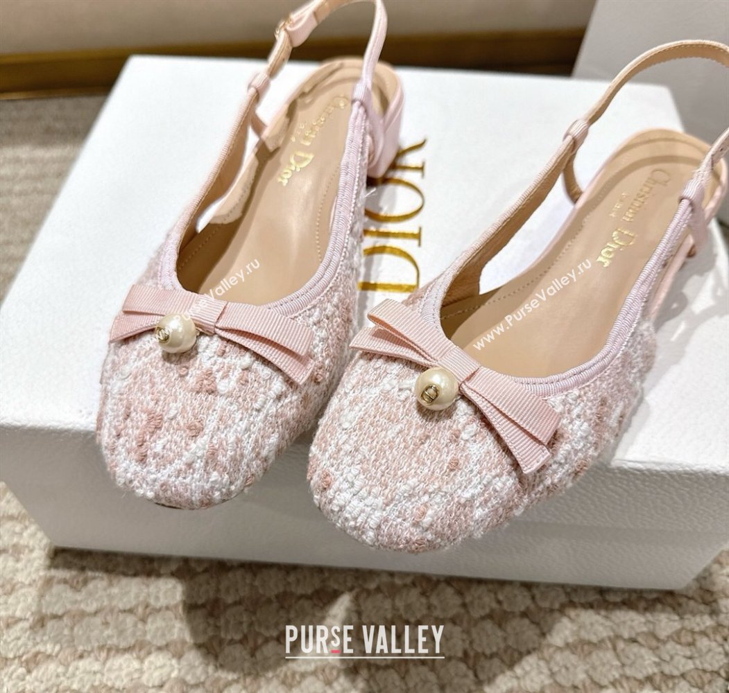 Dior Ballet Slingback Pumps 3cm in Quilted Cannage Tweed with Pearl Bow Pink 2025 (MD-250822015)