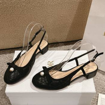 Dior Ballet Slingback Pumps 3cm in Quilted Cannage Calfskin with Pearl Bow Black 2025 (MD-250822016)