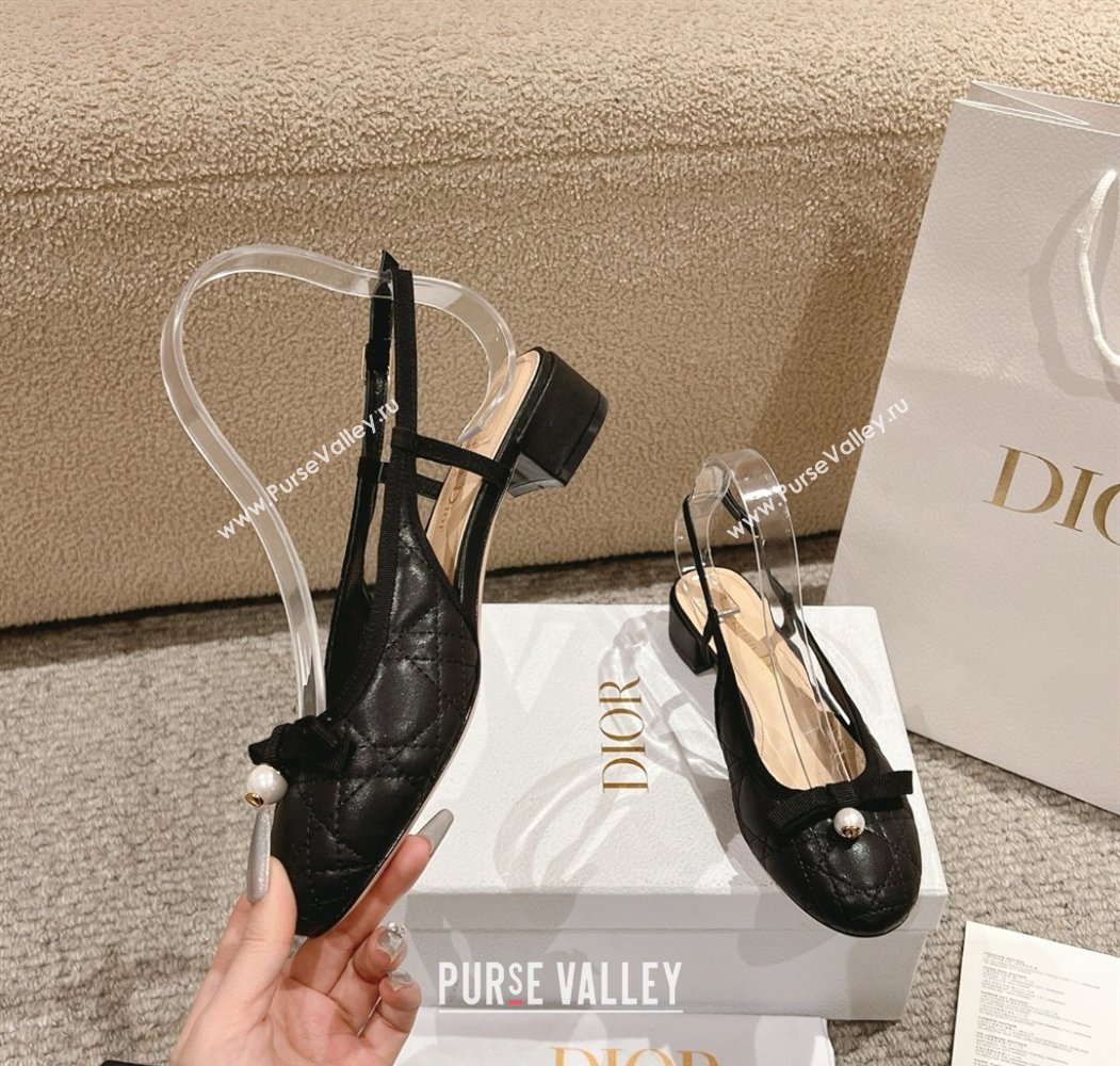Dior Ballet Slingback Pumps 3cm in Quilted Cannage Calfskin with Pearl Bow Black 2025 (MD-250822016)