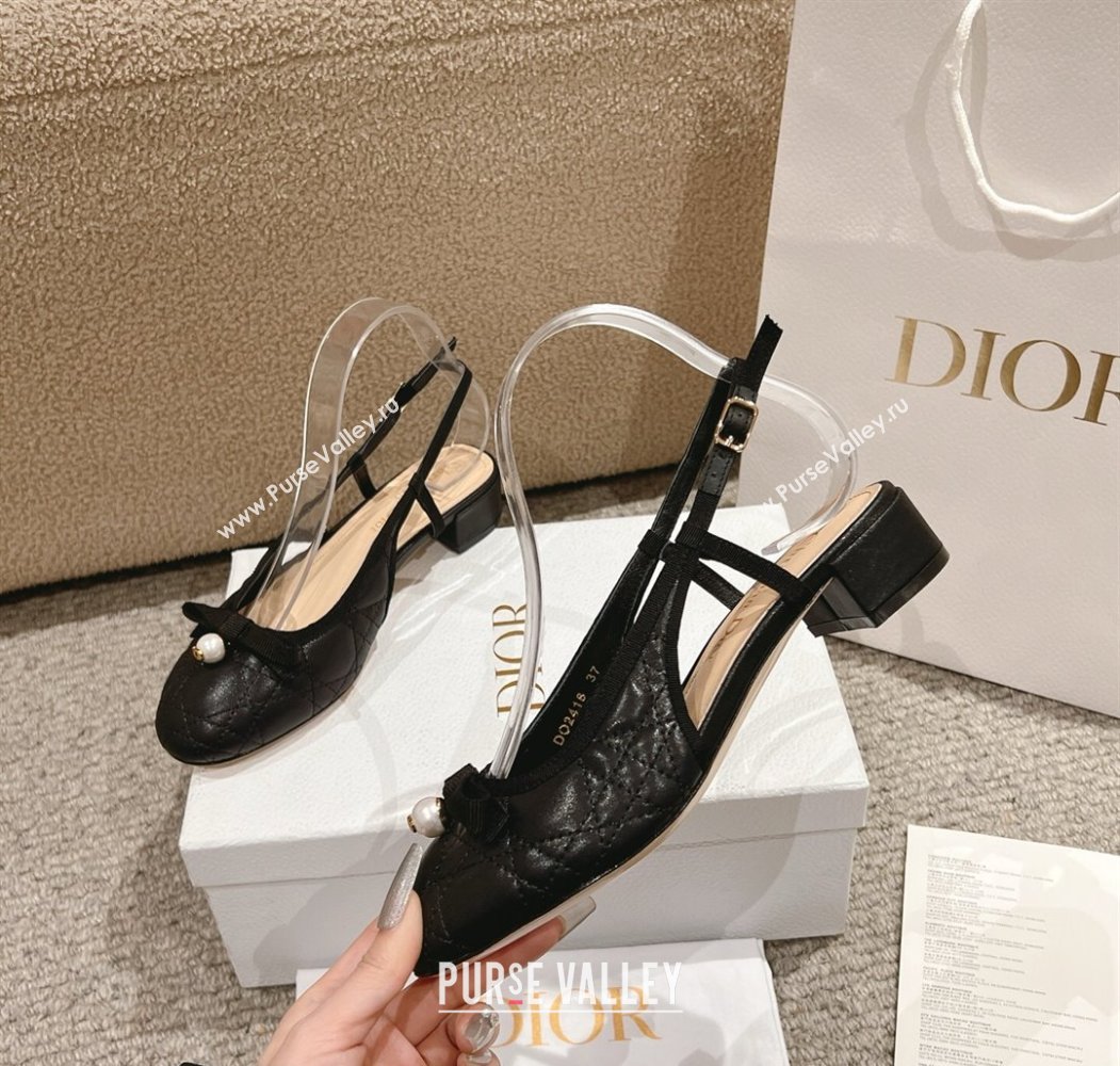 Dior Ballet Slingback Pumps 3cm in Quilted Cannage Calfskin with Pearl Bow Black 2025 (MD-250822016)