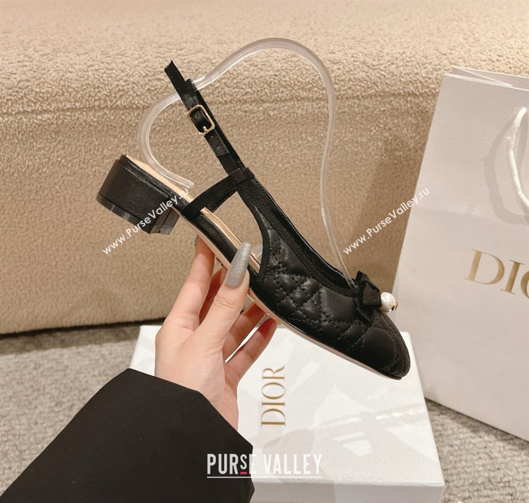 Dior Ballet Slingback Pumps 3cm in Quilted Cannage Calfskin with Pearl Bow Black 2025 (MD-250822016)