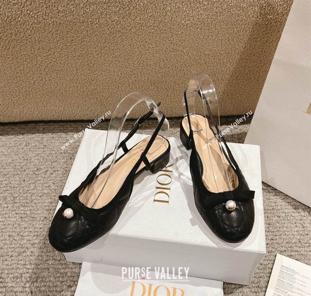 Dior Ballet Slingback Pumps 3cm in Quilted Cannage Calfskin with Pearl Bow Black 2025 (MD-250822016)