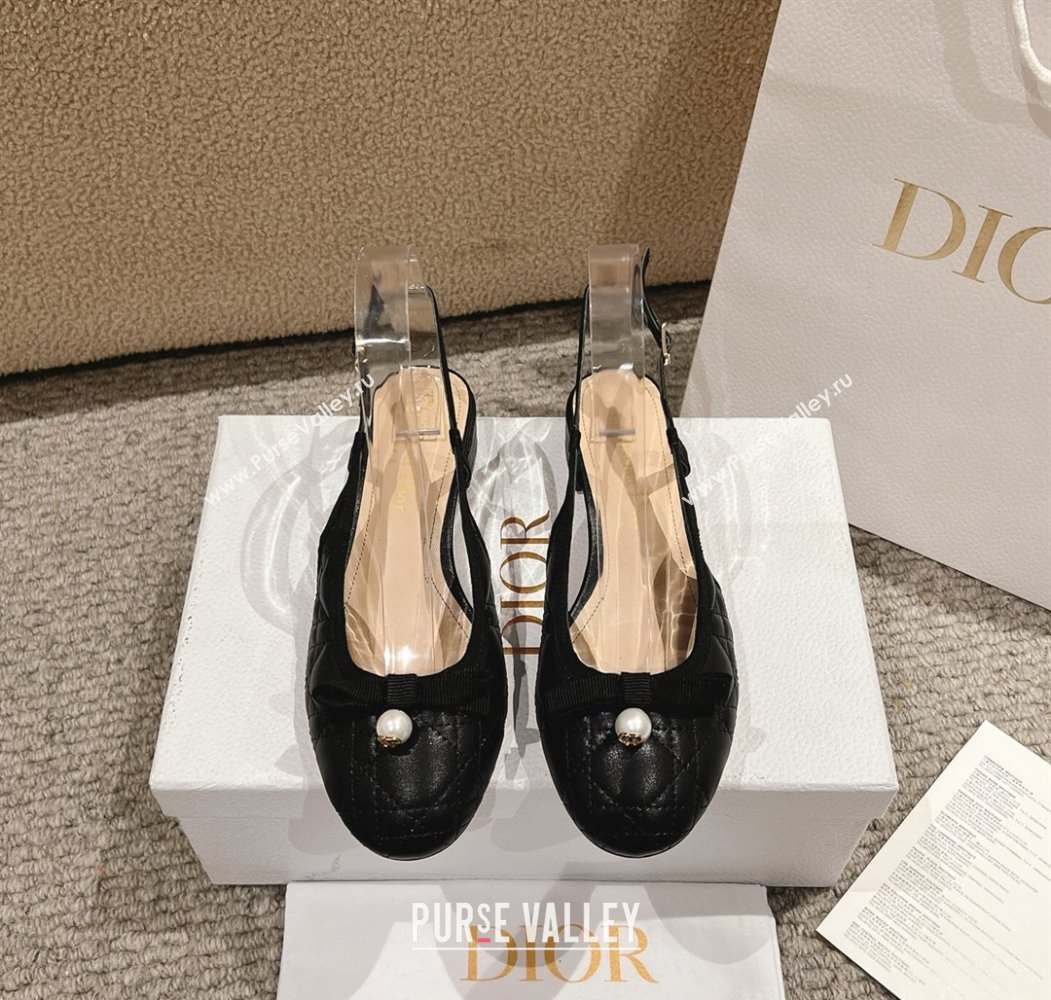 Dior Ballet Slingback Pumps 3cm in Quilted Cannage Calfskin with Pearl Bow Black 2025 (MD-250822016)