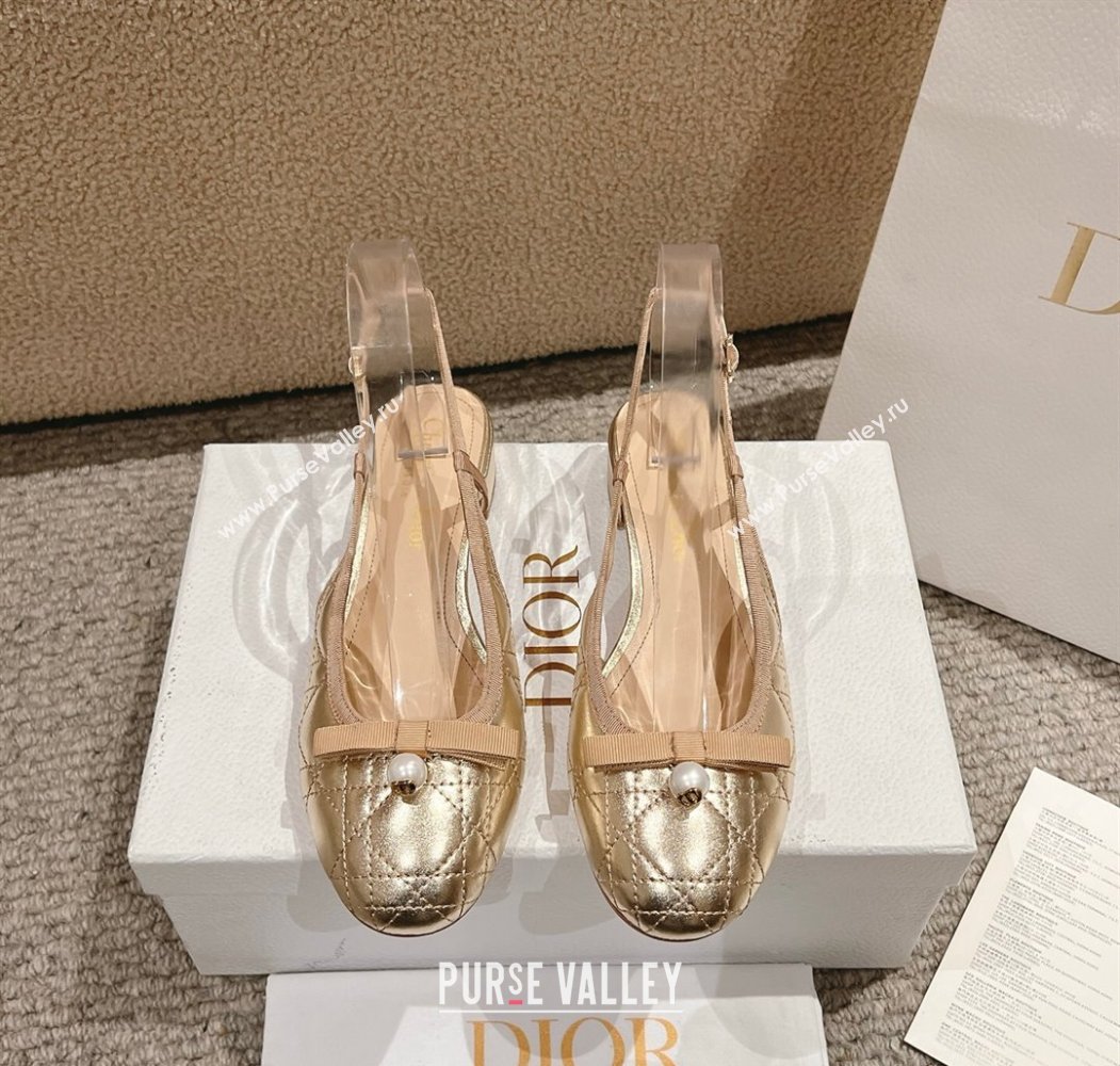 Dior Ballet Slingback Pumps 3cm in Quilted Cannage Calfskin with Pearl Bow Gold 2025 (MD-250822017)
