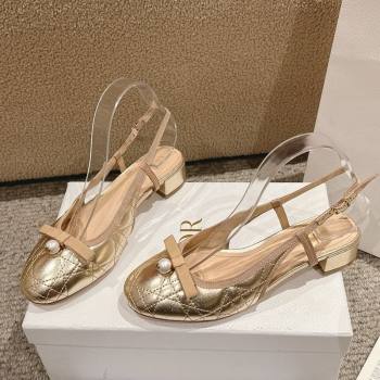 Dior Ballet Slingback Pumps 3cm in Quilted Cannage Calfskin with Pearl Bow Gold 2025 (MD-250822017)