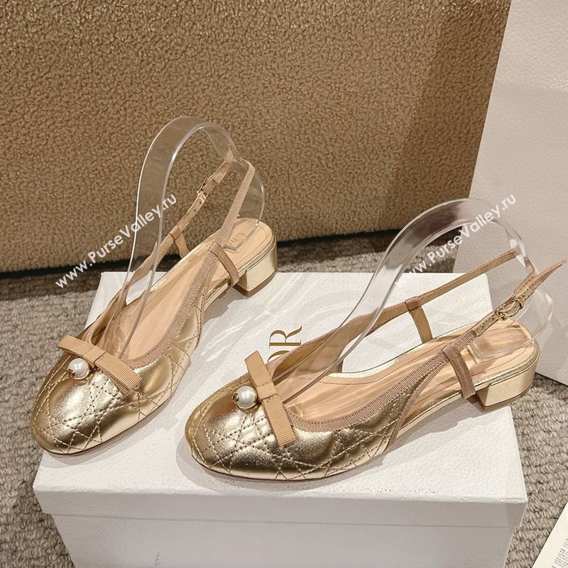 Dior Ballet Slingback Pumps 3cm in Quilted Cannage Calfskin with Pearl Bow Gold 2025 (MD-250822017)