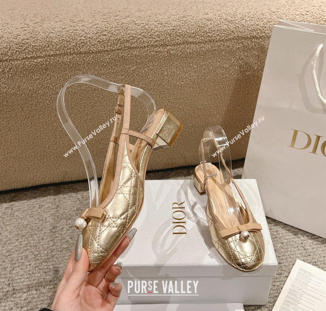 Dior Ballet Slingback Pumps 3cm in Quilted Cannage Calfskin with Pearl Bow Gold 2025 (MD-250822017)