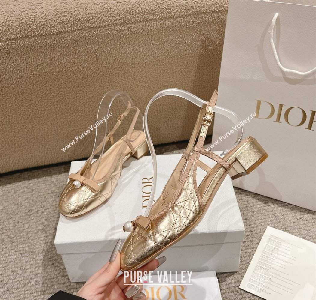Dior Ballet Slingback Pumps 3cm in Quilted Cannage Calfskin with Pearl Bow Gold 2025 (MD-250822017)