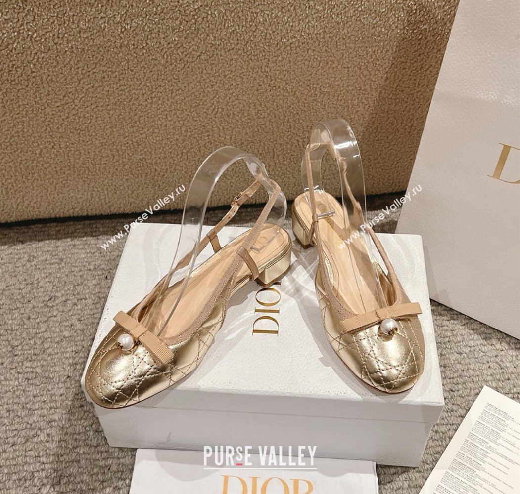 Dior Ballet Slingback Pumps 3cm in Quilted Cannage Calfskin with Pearl Bow Gold 2025 (MD-250822017)