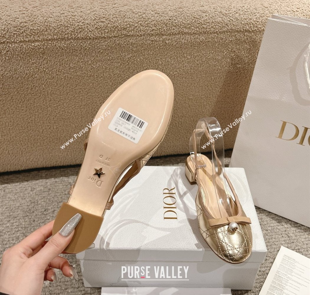 Dior Ballet Slingback Pumps 3cm in Quilted Cannage Calfskin with Pearl Bow Gold 2025 (MD-250822017)