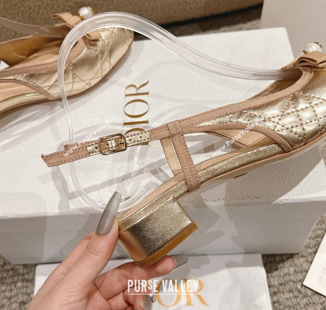 Dior Ballet Slingback Pumps 3cm in Quilted Cannage Calfskin with Pearl Bow Gold 2025 (MD-250822017)