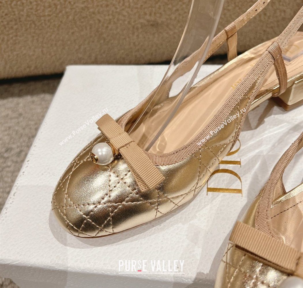 Dior Ballet Slingback Pumps 3cm in Quilted Cannage Calfskin with Pearl Bow Gold 2025 (MD-250822017)