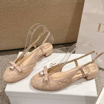 Dior Ballet Slingback Pumps 3cm in Quilted Cannage Calfskin with Pearl Bow Nude 2025 (MD-250822018)