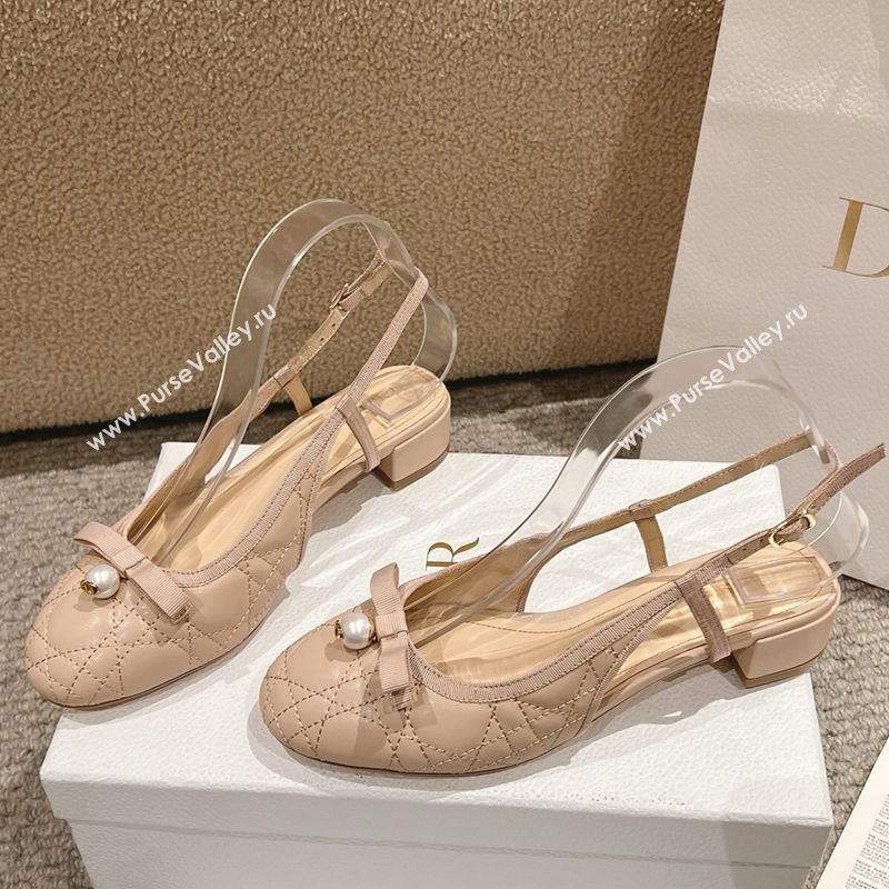 Dior Ballet Slingback Pumps 3cm in Quilted Cannage Calfskin with Pearl Bow Nude 2025 (MD-250822018)