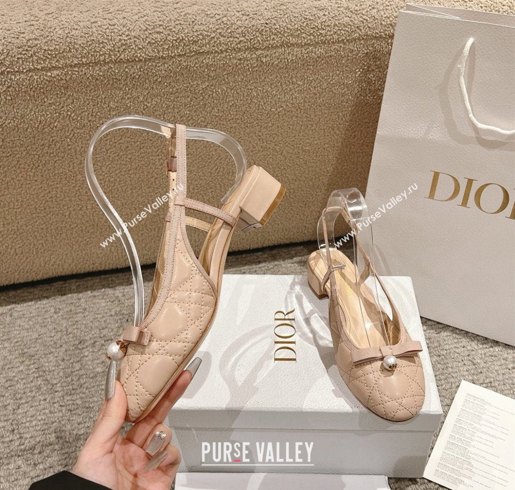 Dior Ballet Slingback Pumps 3cm in Quilted Cannage Calfskin with Pearl Bow Nude 2025 (MD-250822018)