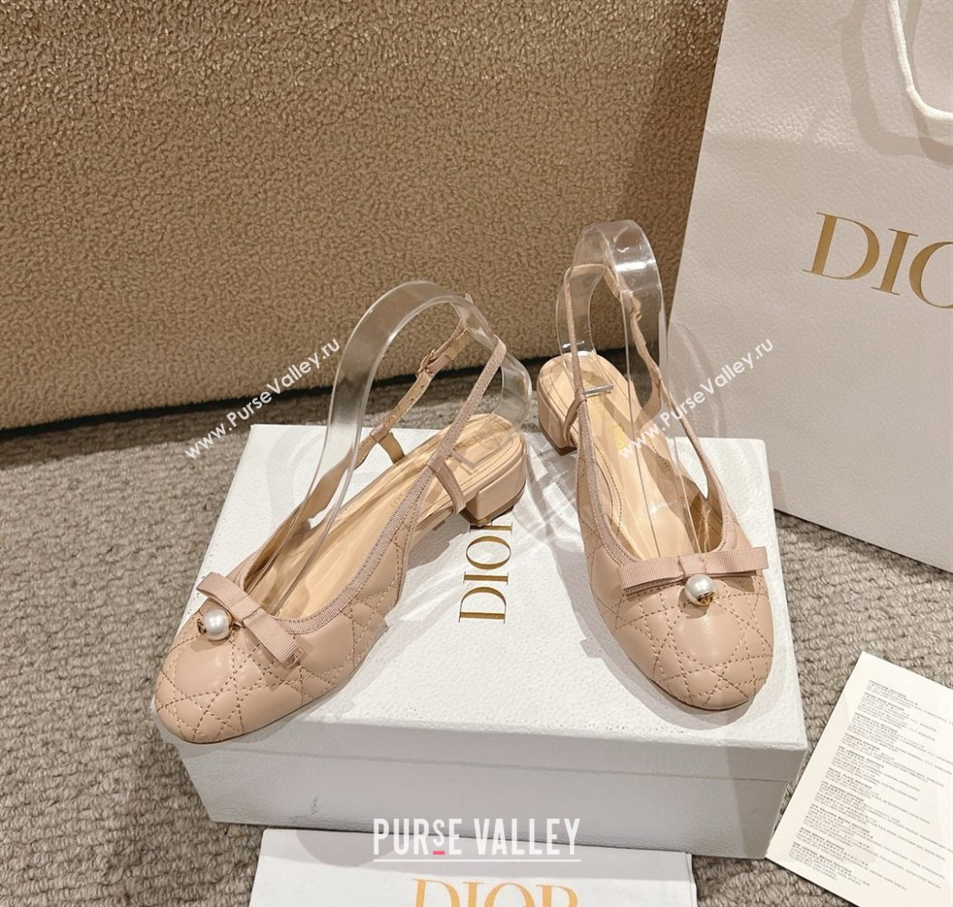 Dior Ballet Slingback Pumps 3cm in Quilted Cannage Calfskin with Pearl Bow Nude 2025 (MD-250822018)