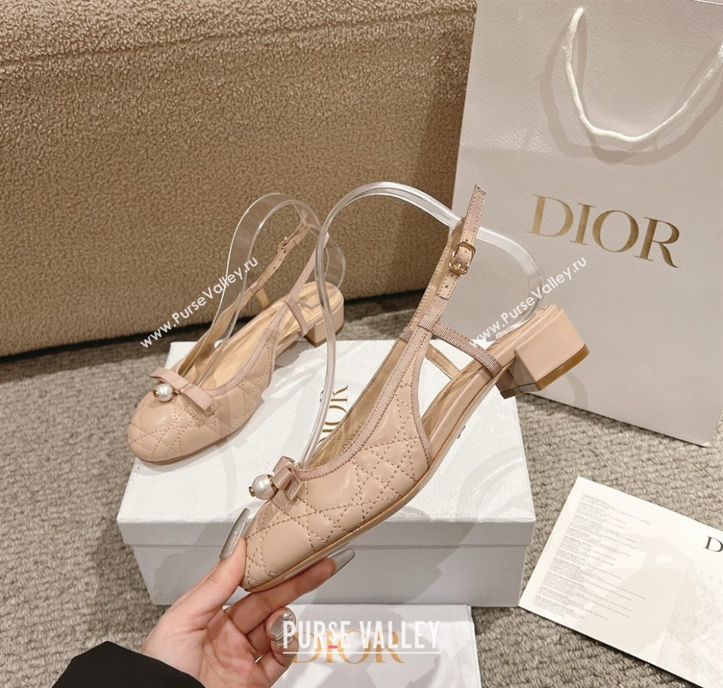 Dior Ballet Slingback Pumps 3cm in Quilted Cannage Calfskin with Pearl Bow Nude 2025 (MD-250822018)