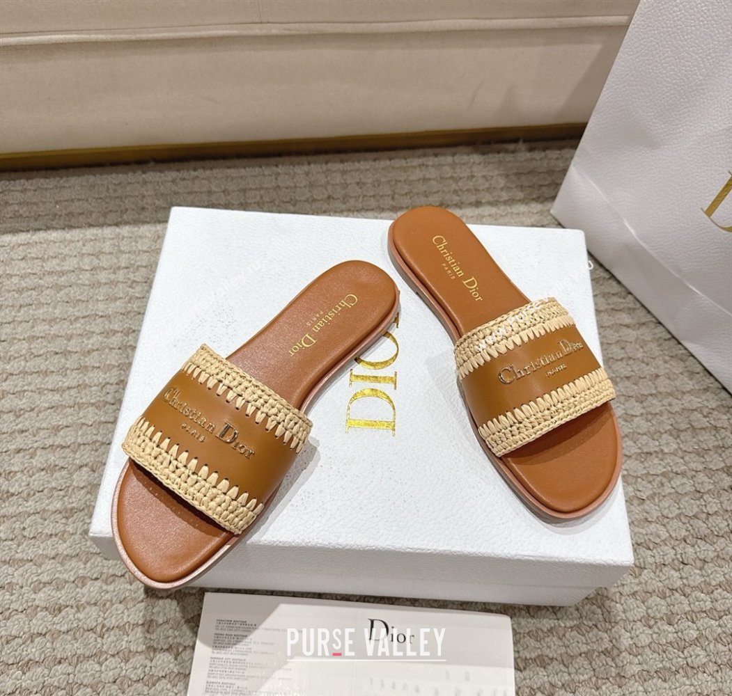 Dior Dioriviera D-Lane Flat Slides Sandal in Calfskin and Braided Raffia Brown 2025 (MD-250822106)