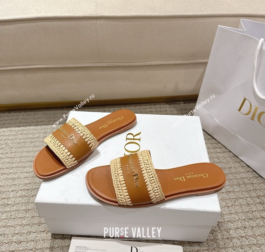 Dior Dioriviera D-Lane Flat Slides Sandal in Calfskin and Braided Raffia Brown 2025 (MD-250822106)