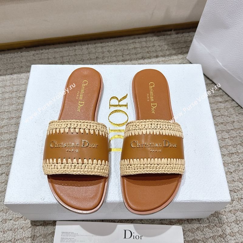 Dior Dioriviera D-Lane Flat Slides Sandal in Calfskin and Braided Raffia Brown 2025 (MD-250822106)