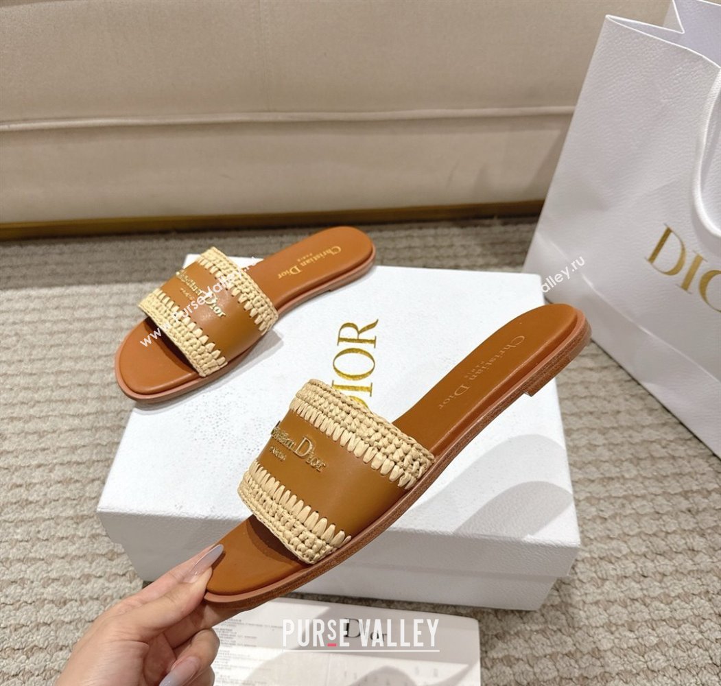 Dior Dioriviera D-Lane Flat Slides Sandal in Calfskin and Braided Raffia Brown 2025 (MD-250822106)
