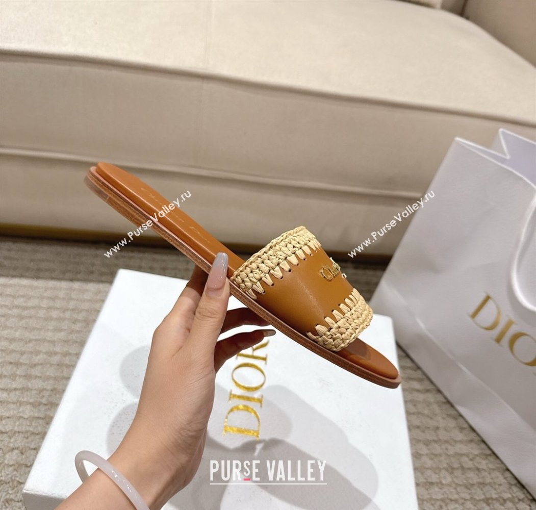 Dior Dioriviera D-Lane Flat Slides Sandal in Calfskin and Braided Raffia Brown 2025 (MD-250822106)
